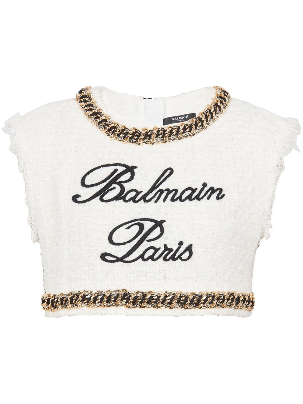 Balmain Signature-embroidered tweed crop top - White von Balmain