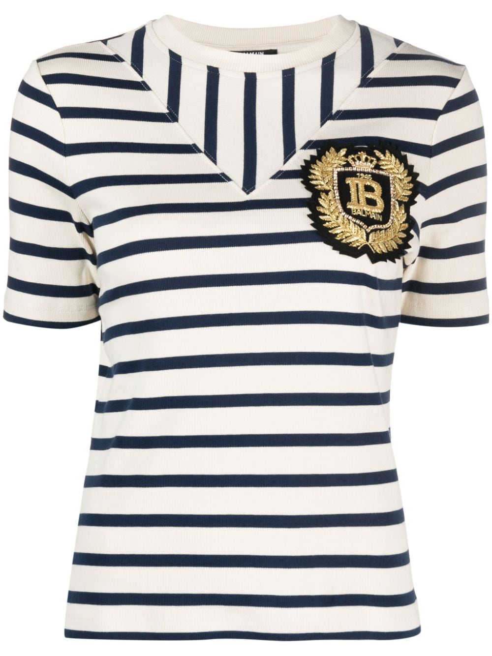 Balmain logo-patch ribbed-knit striped T-shirt - Neutrals von Balmain