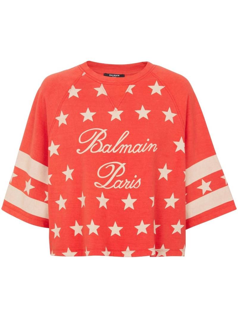 Balmain logo-print cropped cotton T-shirt - Red von Balmain