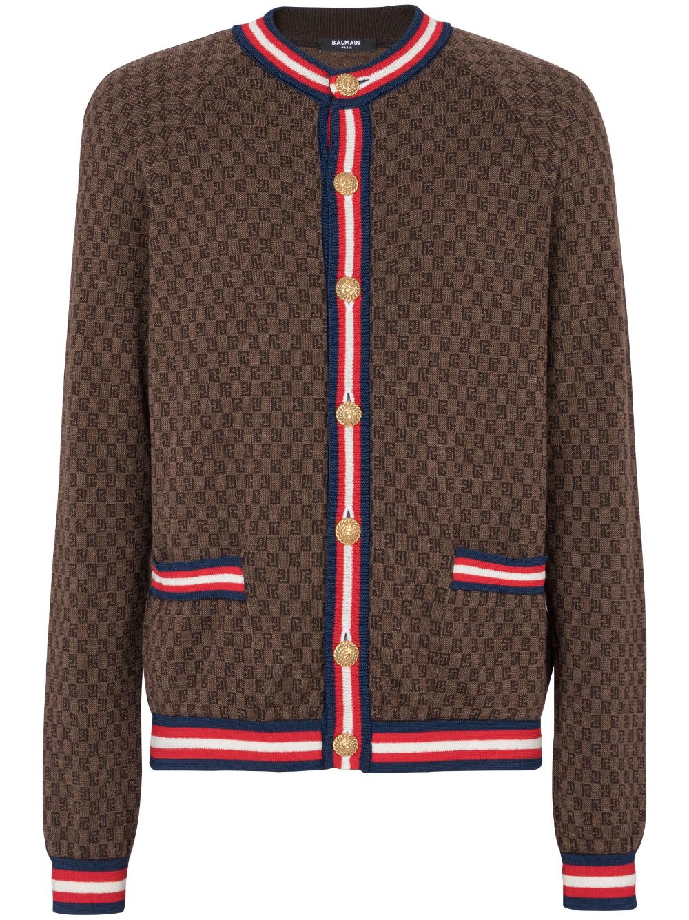 Balmain monogram-intarsia merino wool cardigan - Brown von Balmain