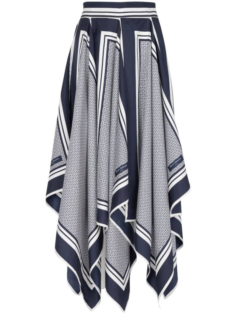 Balmain monogram-print asymmetric silk skirt - Blue von Balmain
