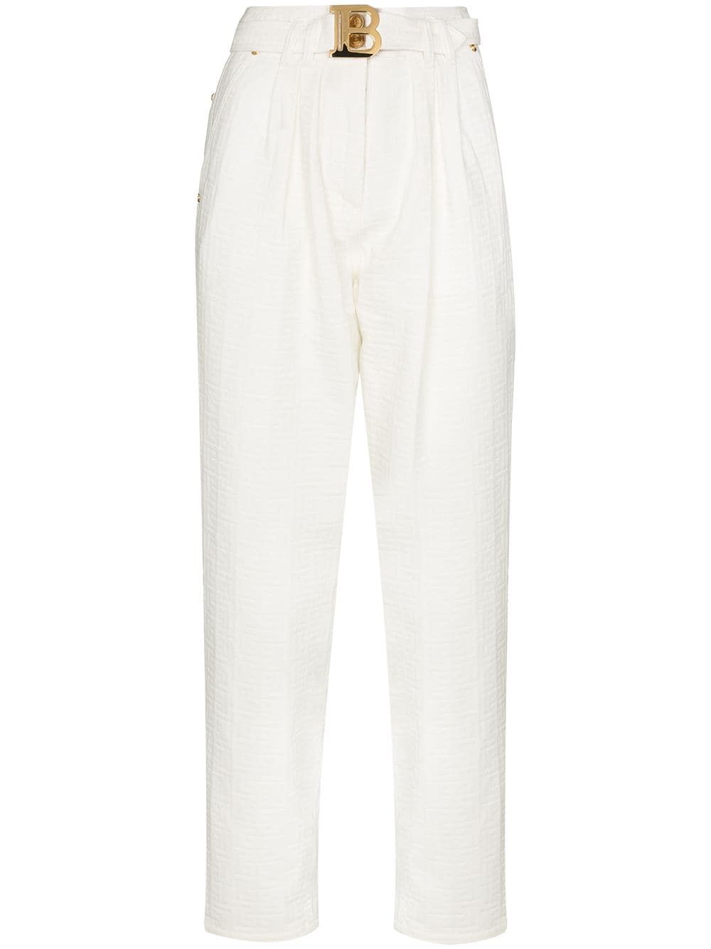 Balmain monogram-print logo-buckle high-waisted jeans - White von Balmain