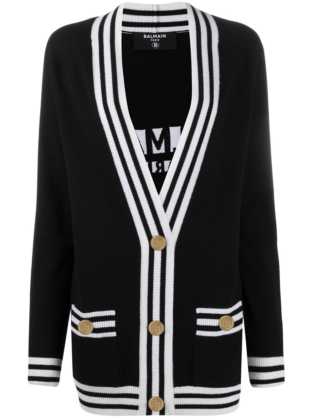 Balmain stripe-trim longline cardigan - Black von Balmain