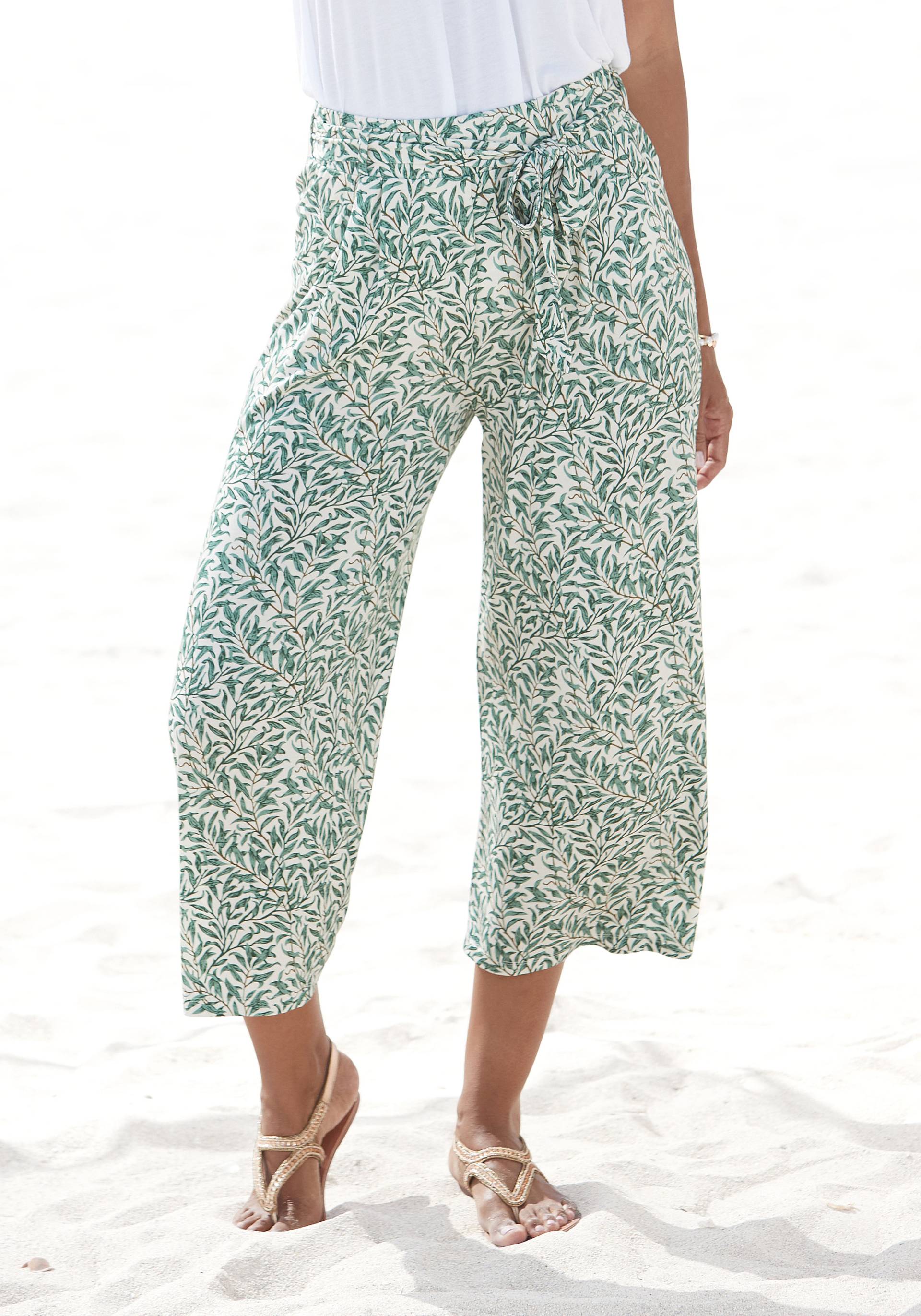 Beachtime Culotte, (mit Bindegürtel), mit Blätterdruck und Bindeband, luftig-leichte Sommerhose von Beachtime