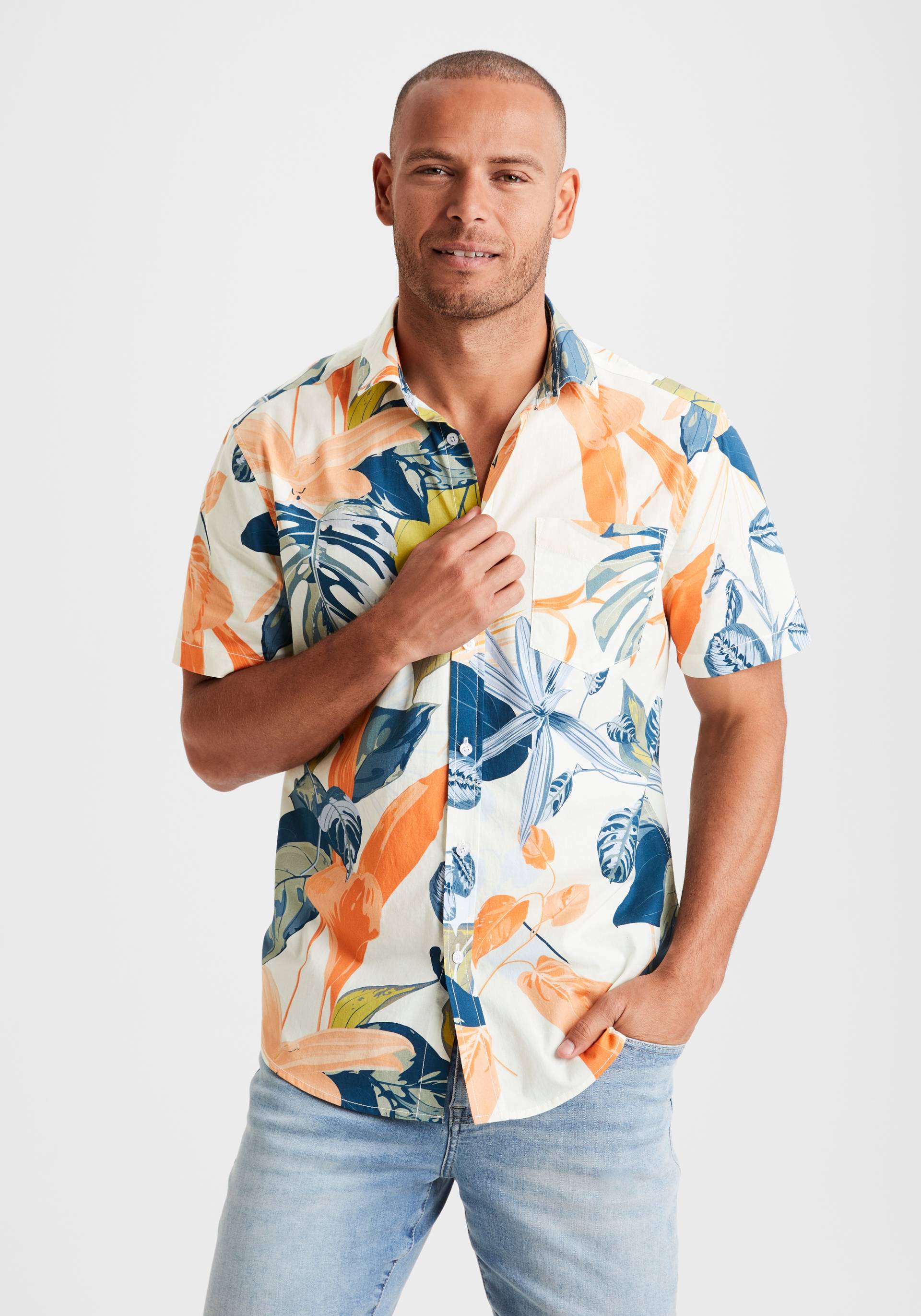 Beachtime Hawaiihemd, mit Kentkragen, Freizeithemd mit Blätterprint aus reiner Baumwolle von Beachtime