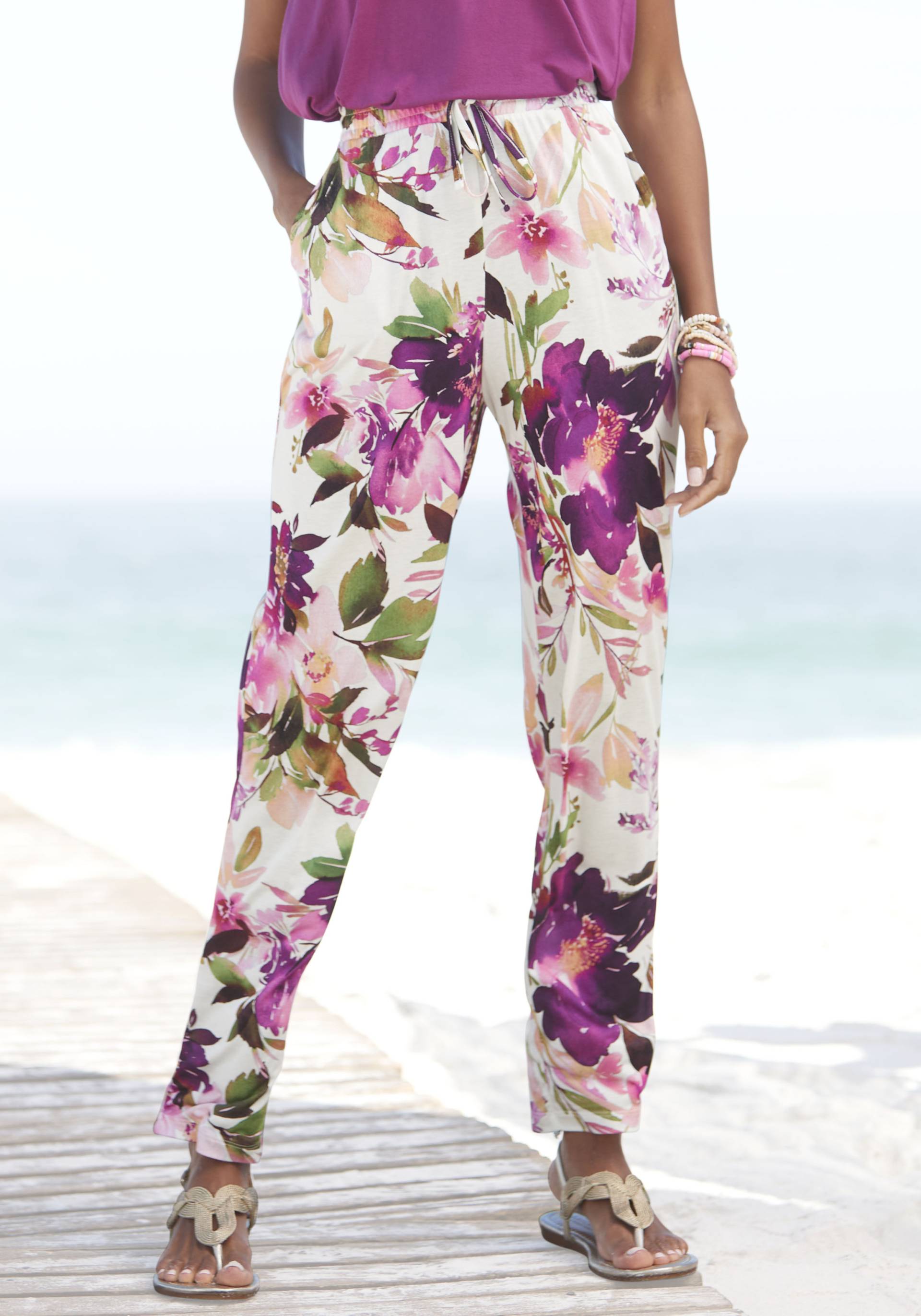 Beachtime Jerseyhose, mit Blumendruck und elastischem Bund, Sommerhose, Strandhose von Beachtime