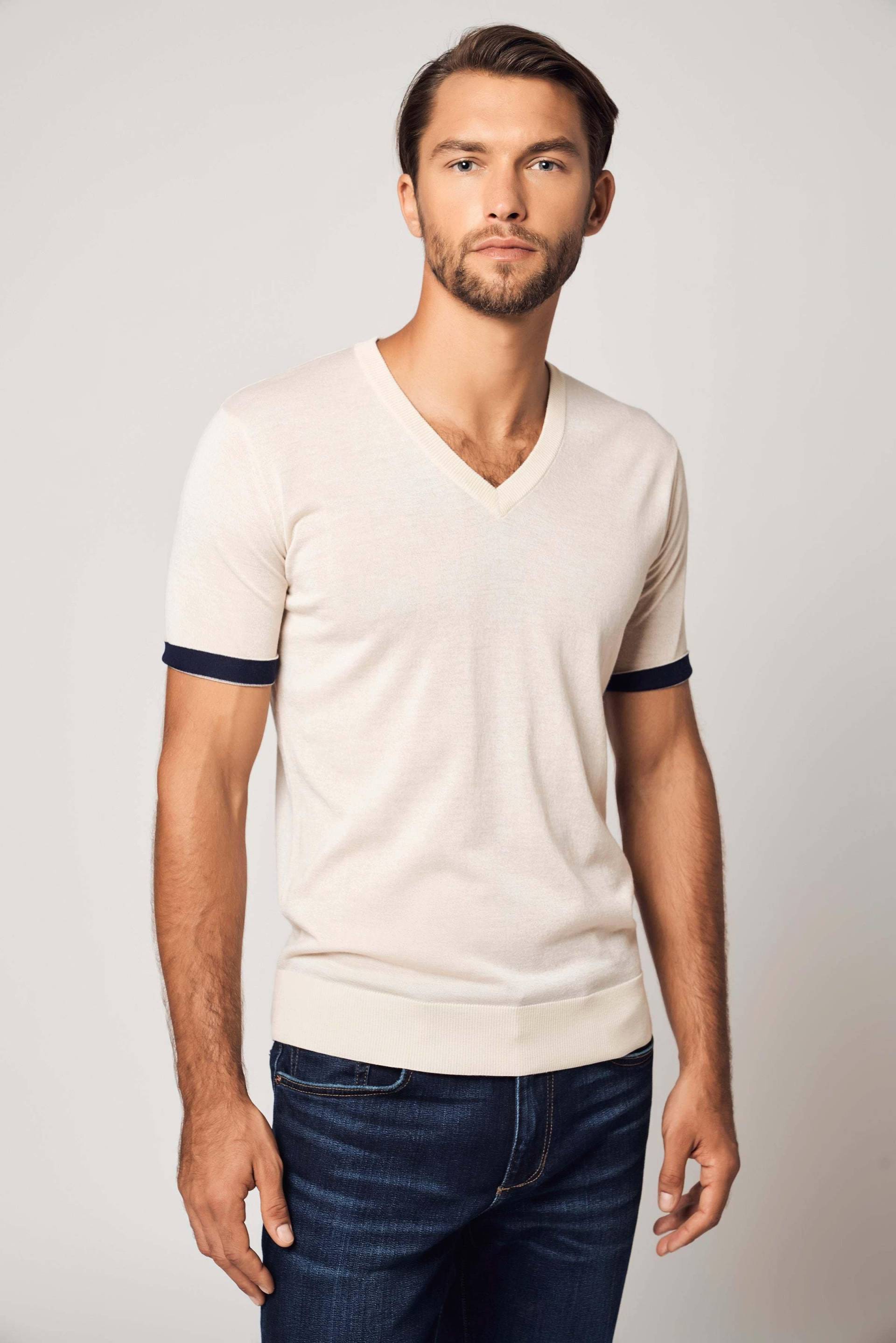 Gestreiftes Kurzarm-kaschmir-t-shirt Herren Offwhite XL von Bellemere New York