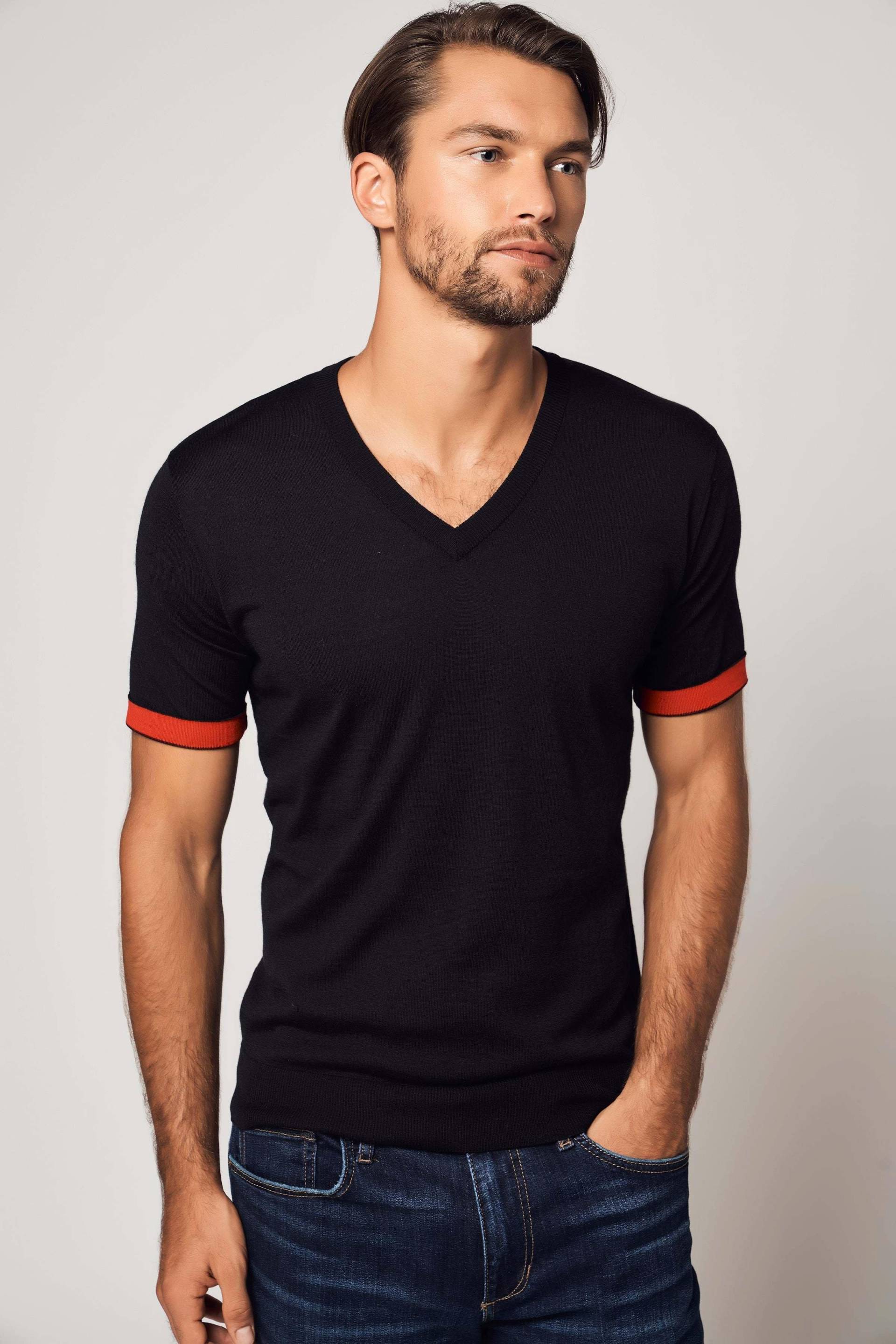 Gestreiftes Kurzarm-kaschmir-t-shirt Herren Schwarz XL von Bellemere New York