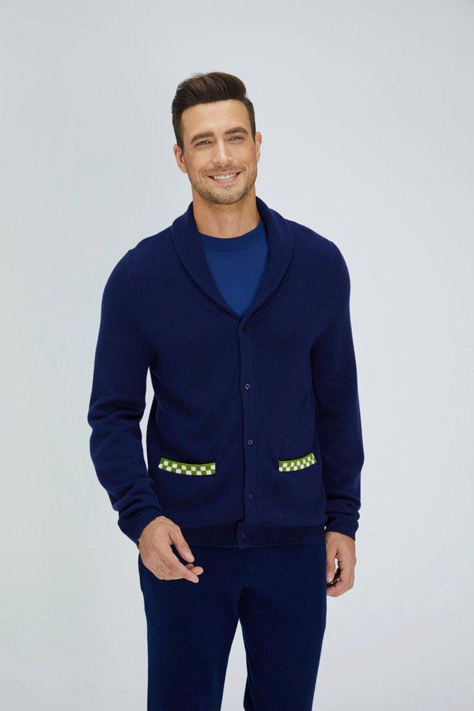 Marineblaue Und Grüne Merino-strickjacke Herren Blau L von Bellemere New York