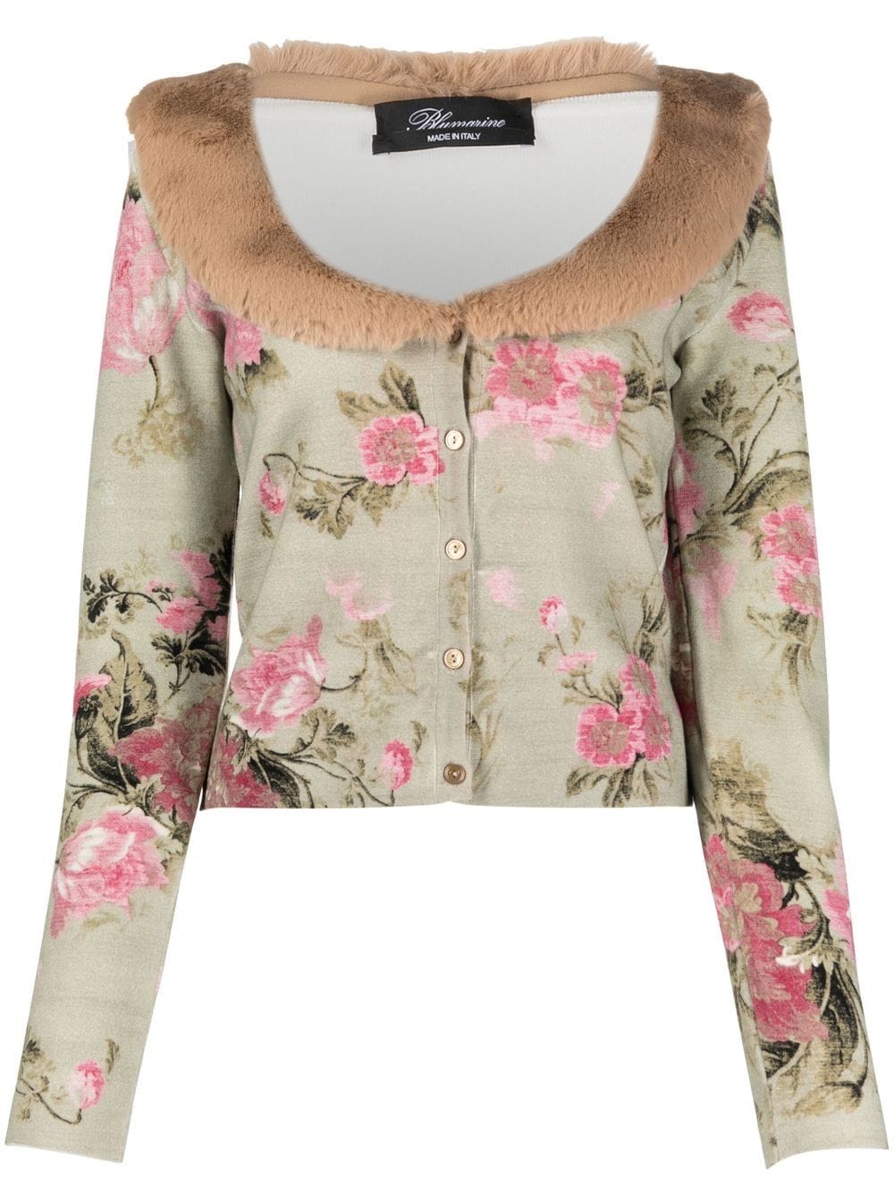 Blumarine floral-print fur-trim cardigan - Green von Blumarine