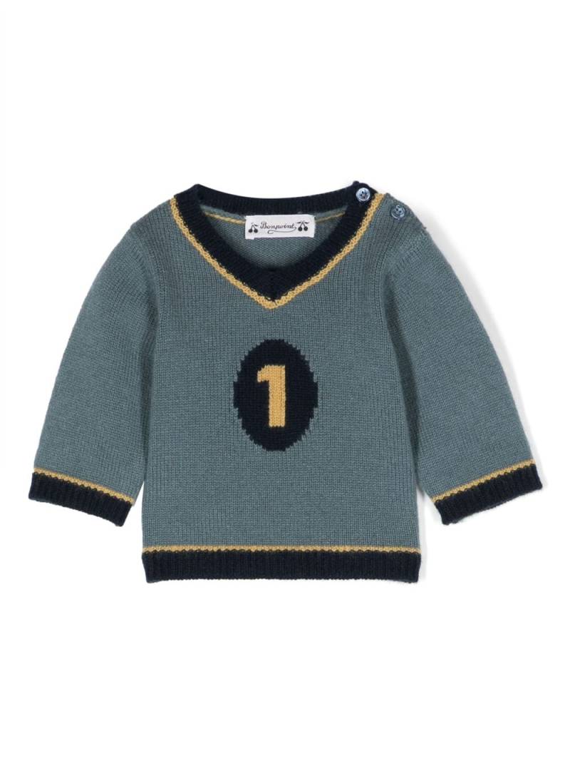 Bonpoint intarsia-knit V-neck wool jumper - Blue von Bonpoint