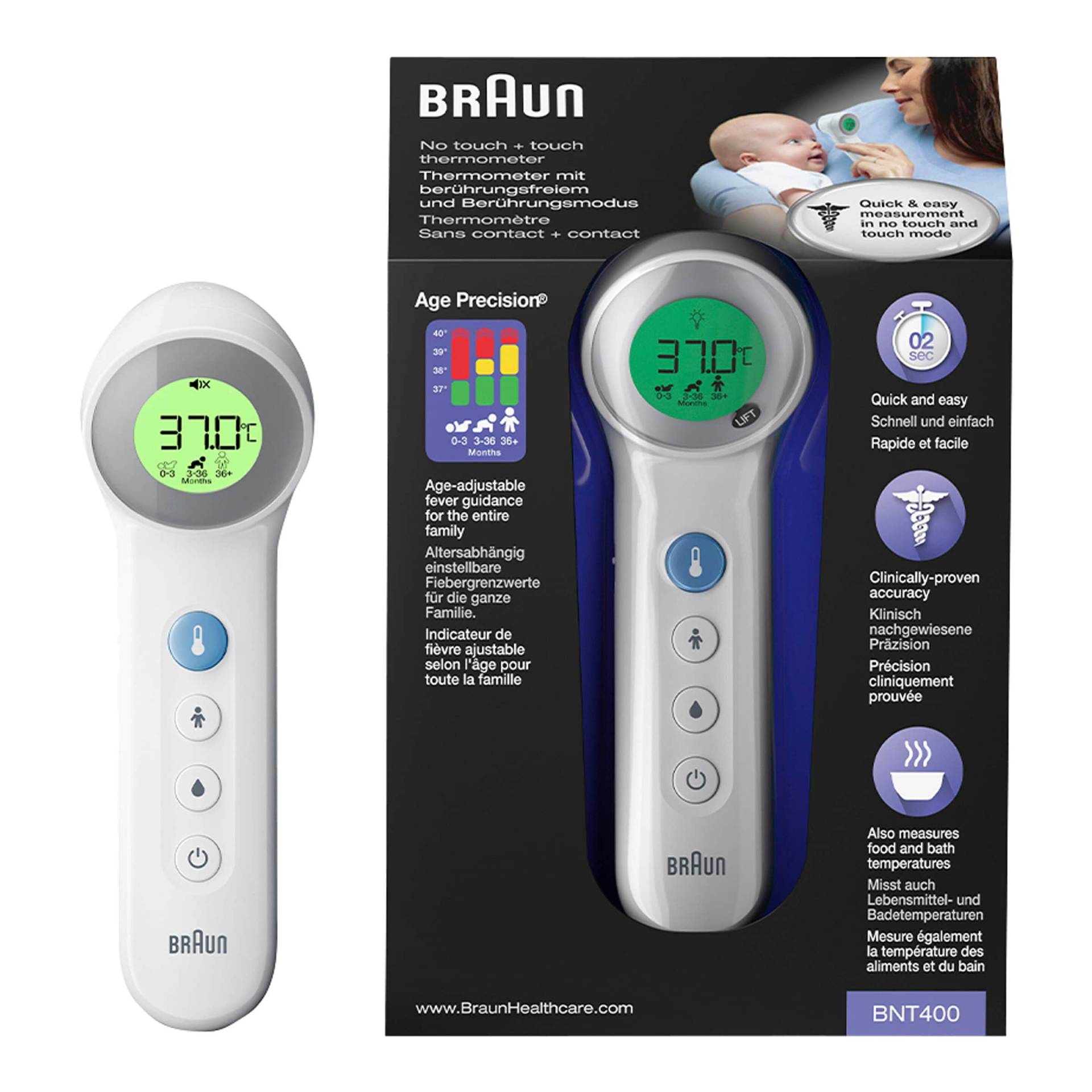 No touch + touch Stirnthermometer mit Age Precision® BNT 400 von Braun