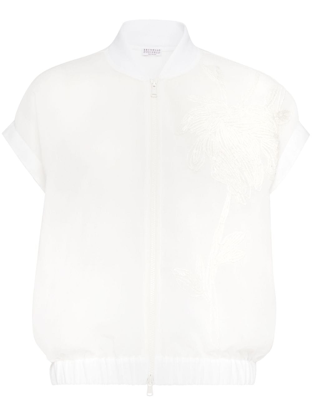 Brunello Cucinelli floral-applique short-sleeve bomber jacket - White von Brunello Cucinelli