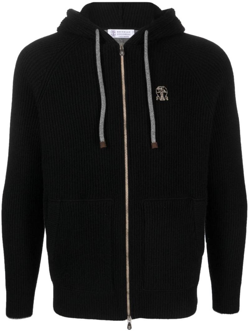 Brunello Cucinelli ribbed-knit cashmere zip-up hoodie - Black von Brunello Cucinelli