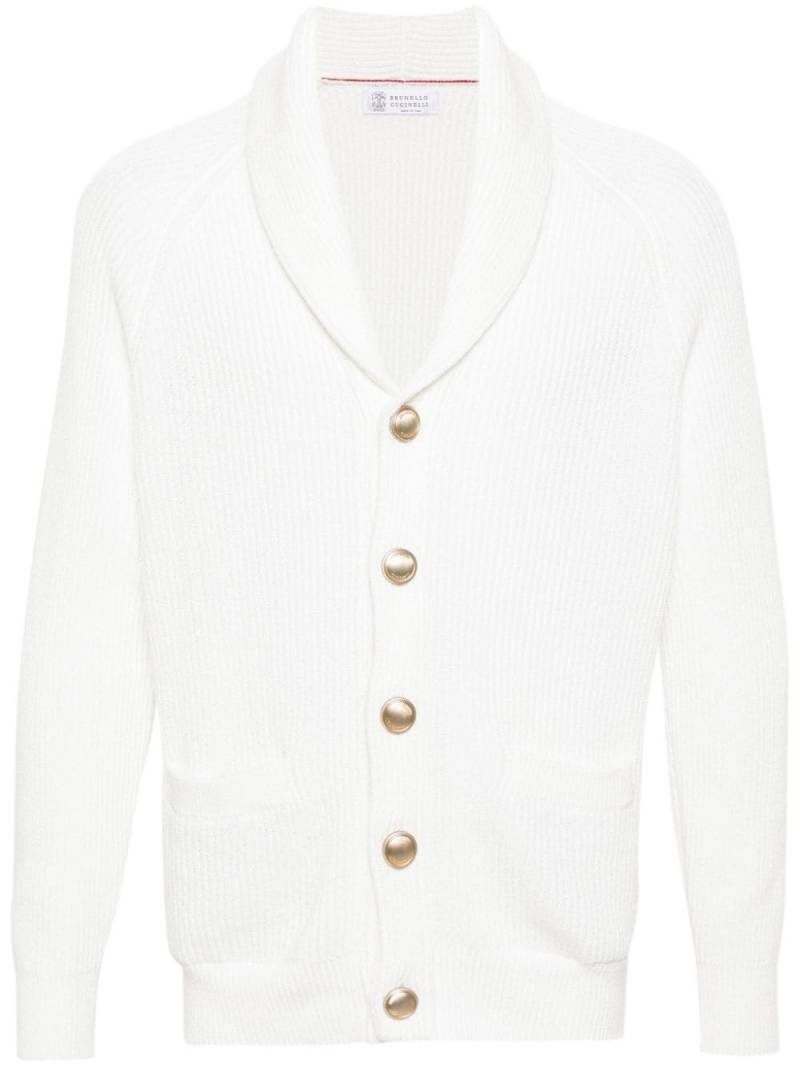 Brunello Cucinelli logo-embossed buttons ribbed-knit cardigan - White von Brunello Cucinelli