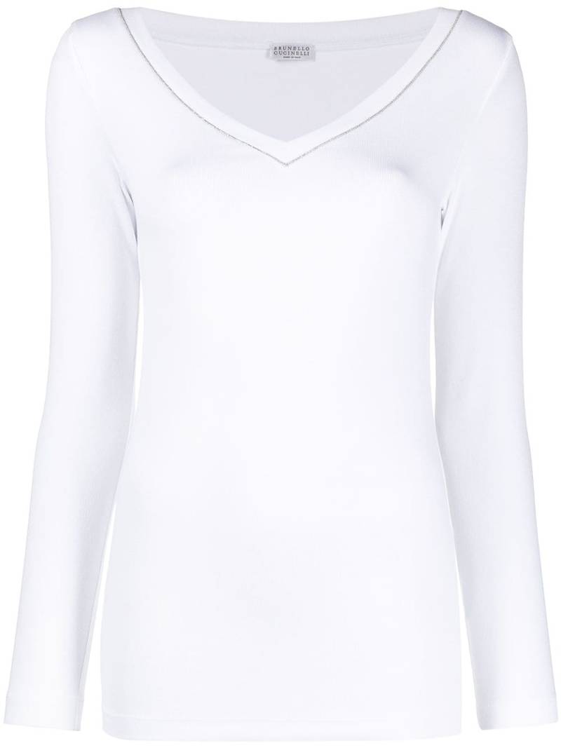 Brunello Cucinelli beaded neckline long-sleeve top - White von Brunello Cucinelli