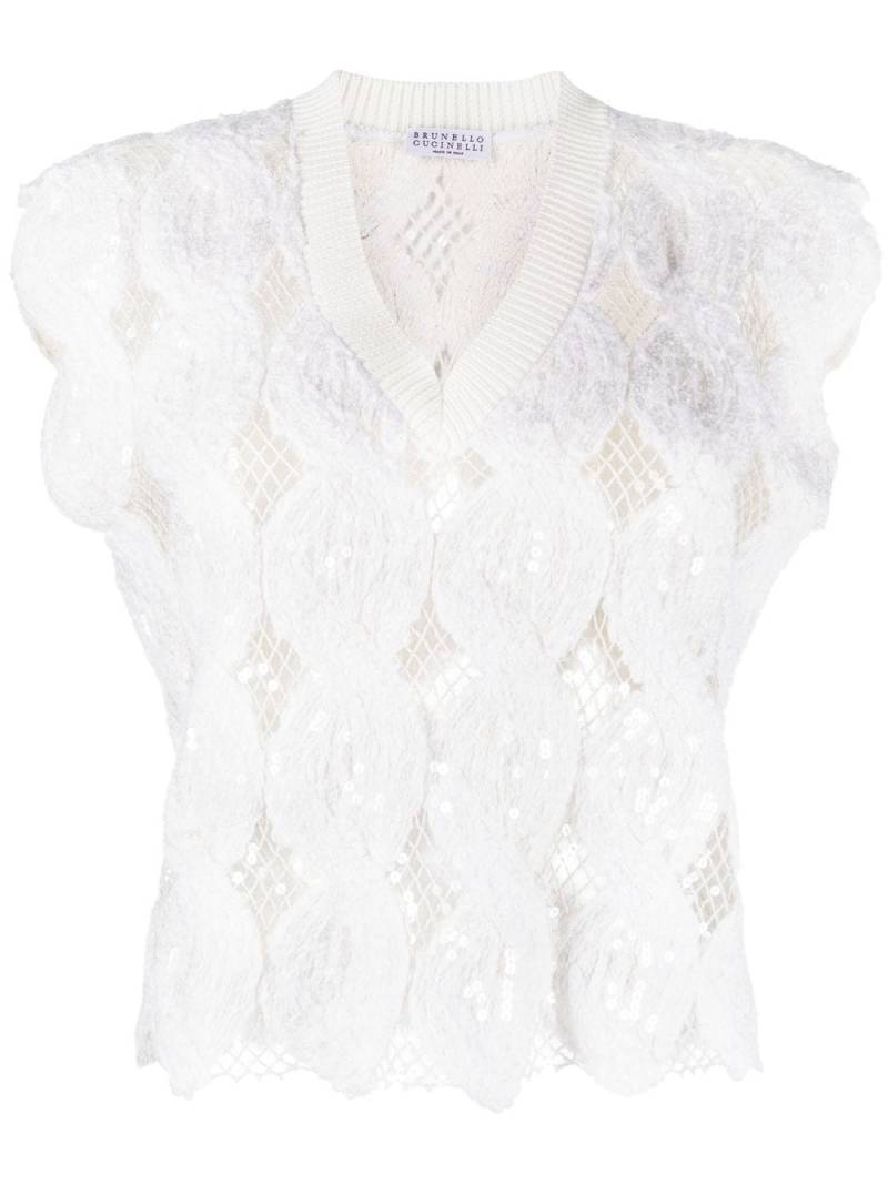 Brunello Cucinelli sequinned crochet sweater vest - White von Brunello Cucinelli