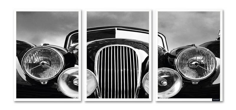 Bruno Banani Bild mit Rahmen »Oldtimer - Gerahmter Digitaldruck - Wandbild«, Auto-Autos-Fahrzeuge-Kunst-Schwarz-Weiss, (1 St., 3er-Set), Premium Poster 3er Set mit Naturholzrahmen, Handarbeit aus Deutschland von Bruno Banani