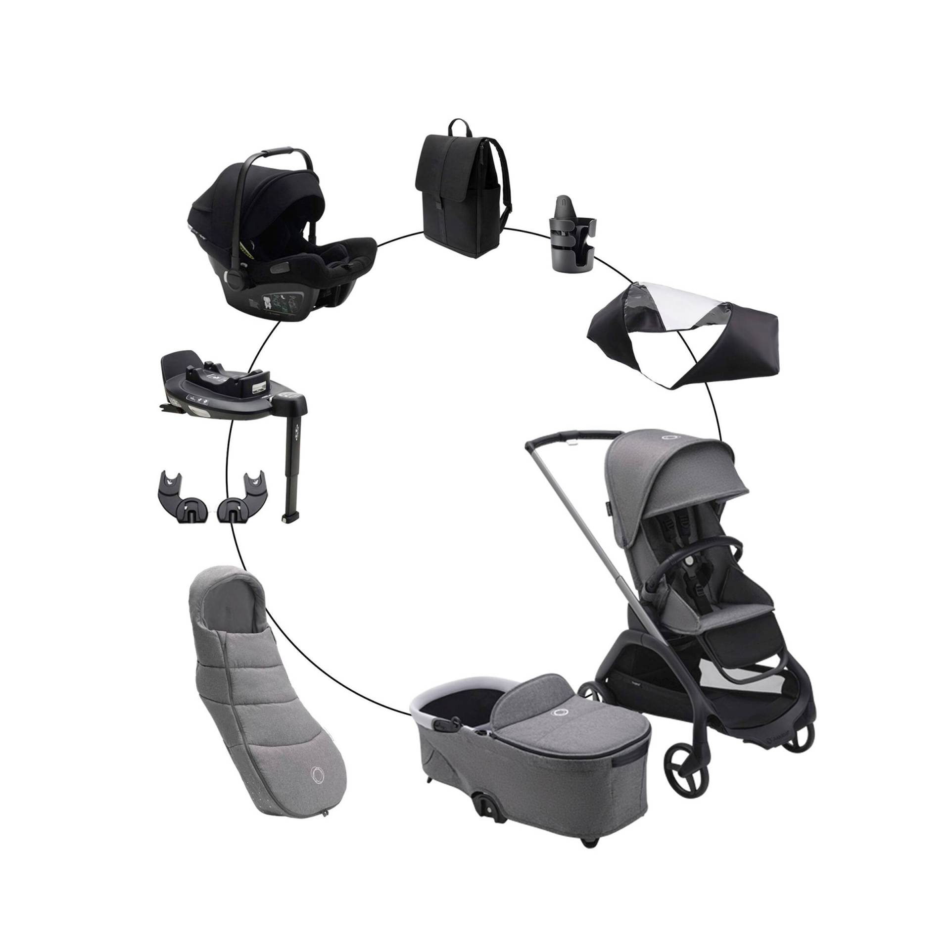 Kombikinderwagen Komplett-Set inkl. Babyschale Turtle Air i-Size, Isofix-Basis 360, Fußsack und Wickeltasche von Bugaboo