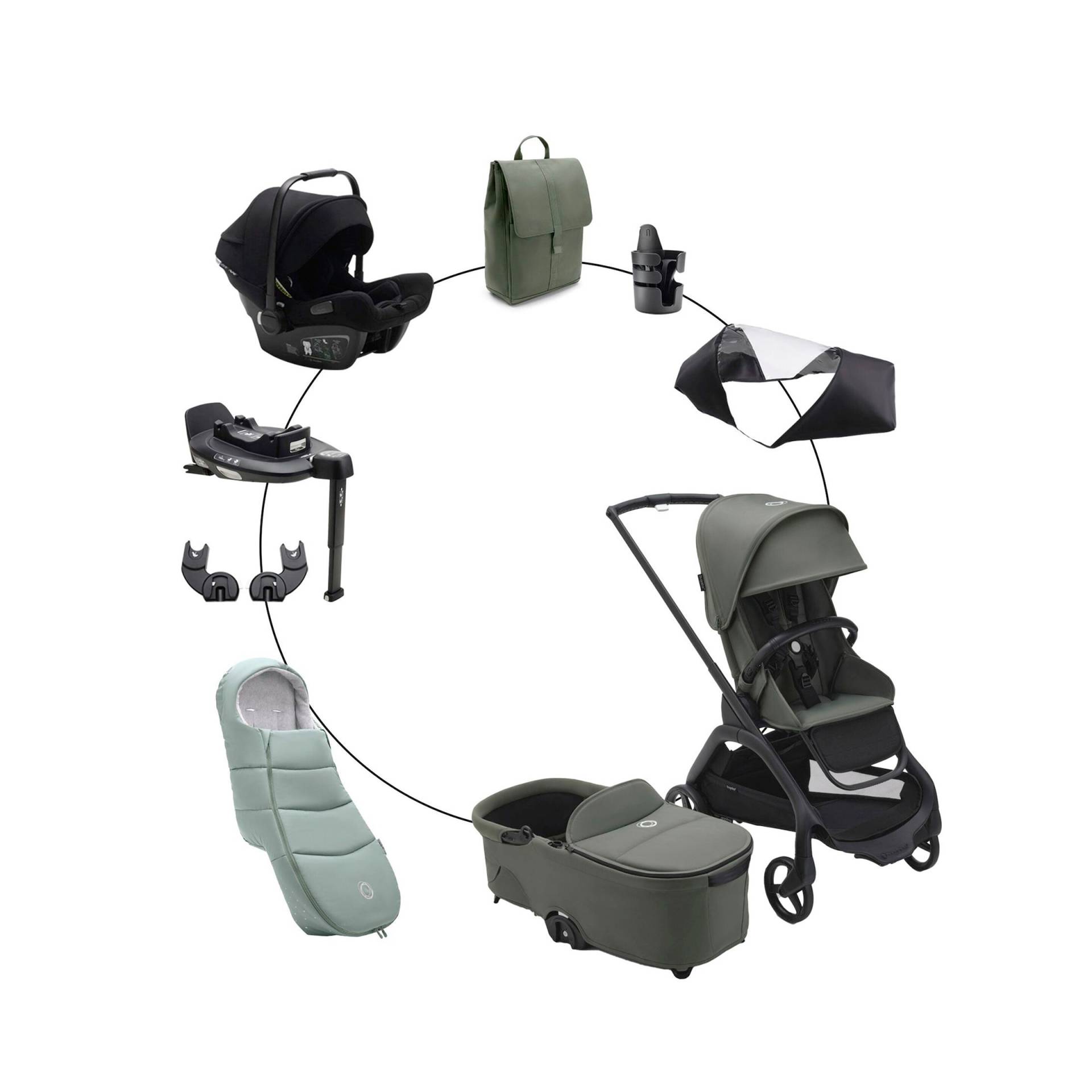 Kombikinderwagen Komplett-Set inkl. Babyschale Turtle Air i-Size, Isofix-Basis 360, Fußsack und Wickeltasche von Bugaboo