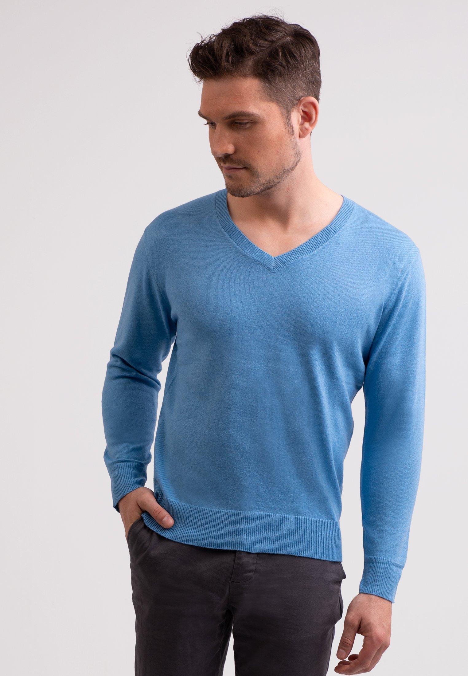 Kaschmir V-ausschnitt Pullover Herren Blau L von CASH-MERE.CH