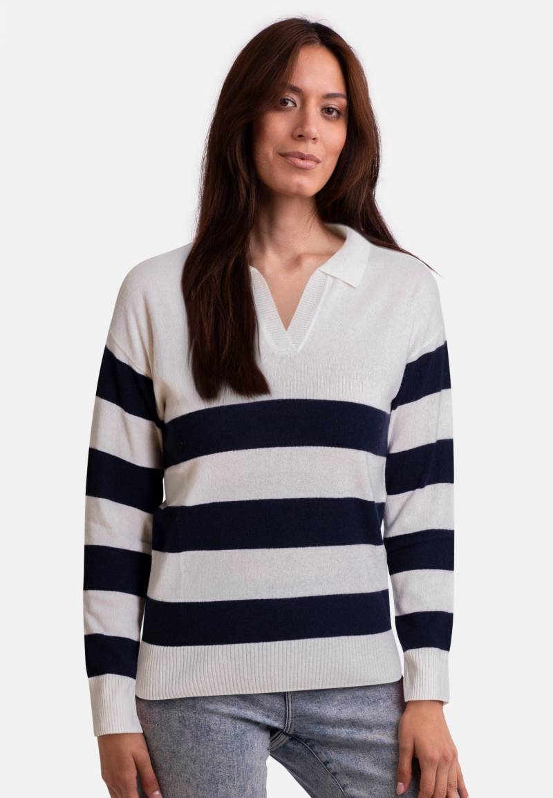 Kaschmir Pullover Mit Polokragen Gestreift Damen Schwarz/Weiss S von CASH-MERE.CH