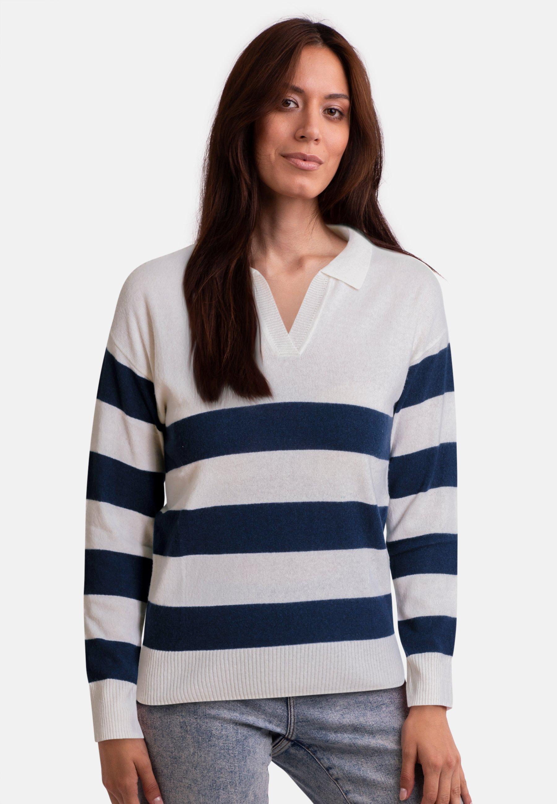 Kaschmir Pullover Mit Polokragen Gestreift Damen Weiss L von CASH-MERE.CH