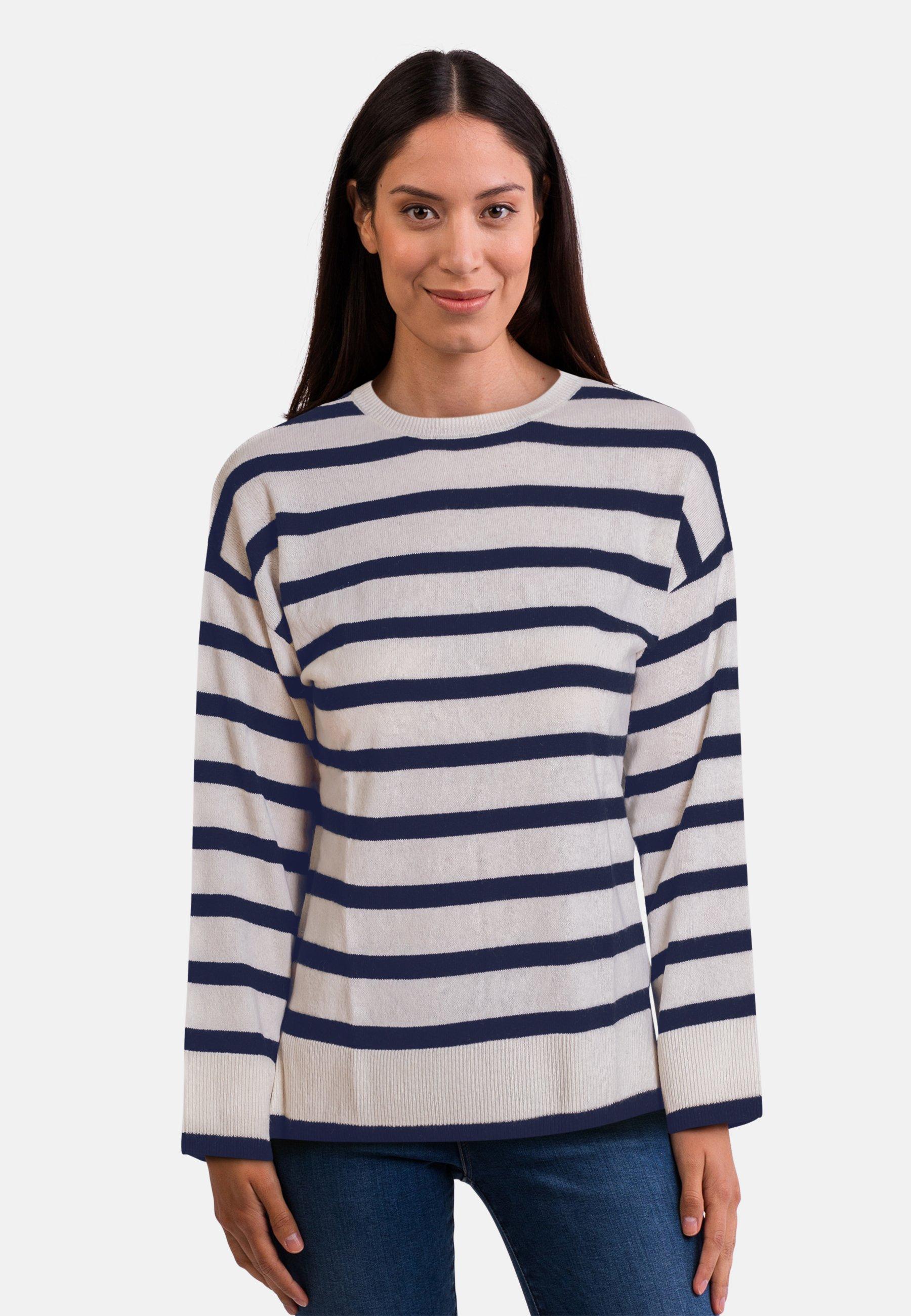 Kaschmir Rundhals Pullover Gestreift Damen Weiss S von CASH-MERE.CH