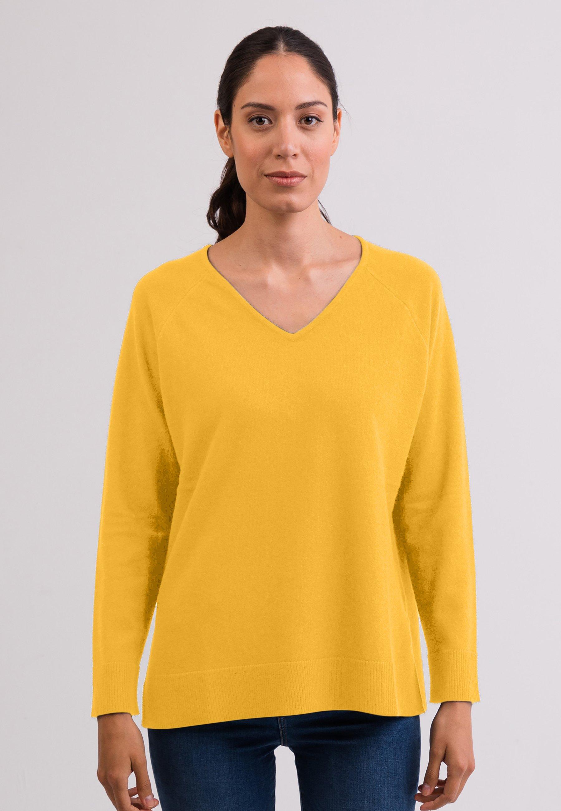 Kaschmir V-ausschnitt Pullover Mit Seitenschlitzen Damen Gelb XS von CASH-MERE.CH