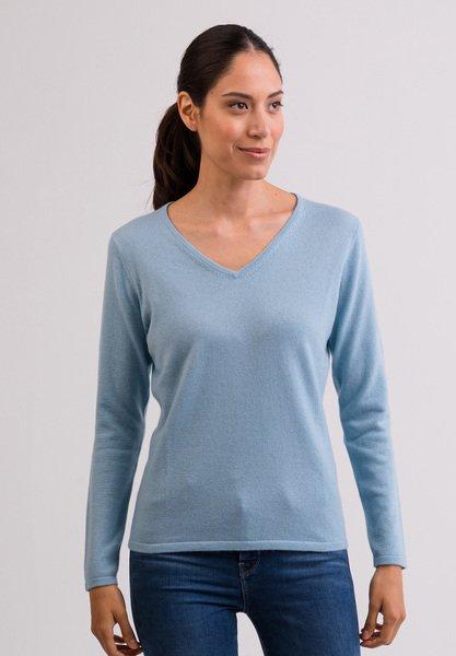 Kaschmir V-ausschnitt Pullover Damen Hellblau L von CASH-MERE.CH
