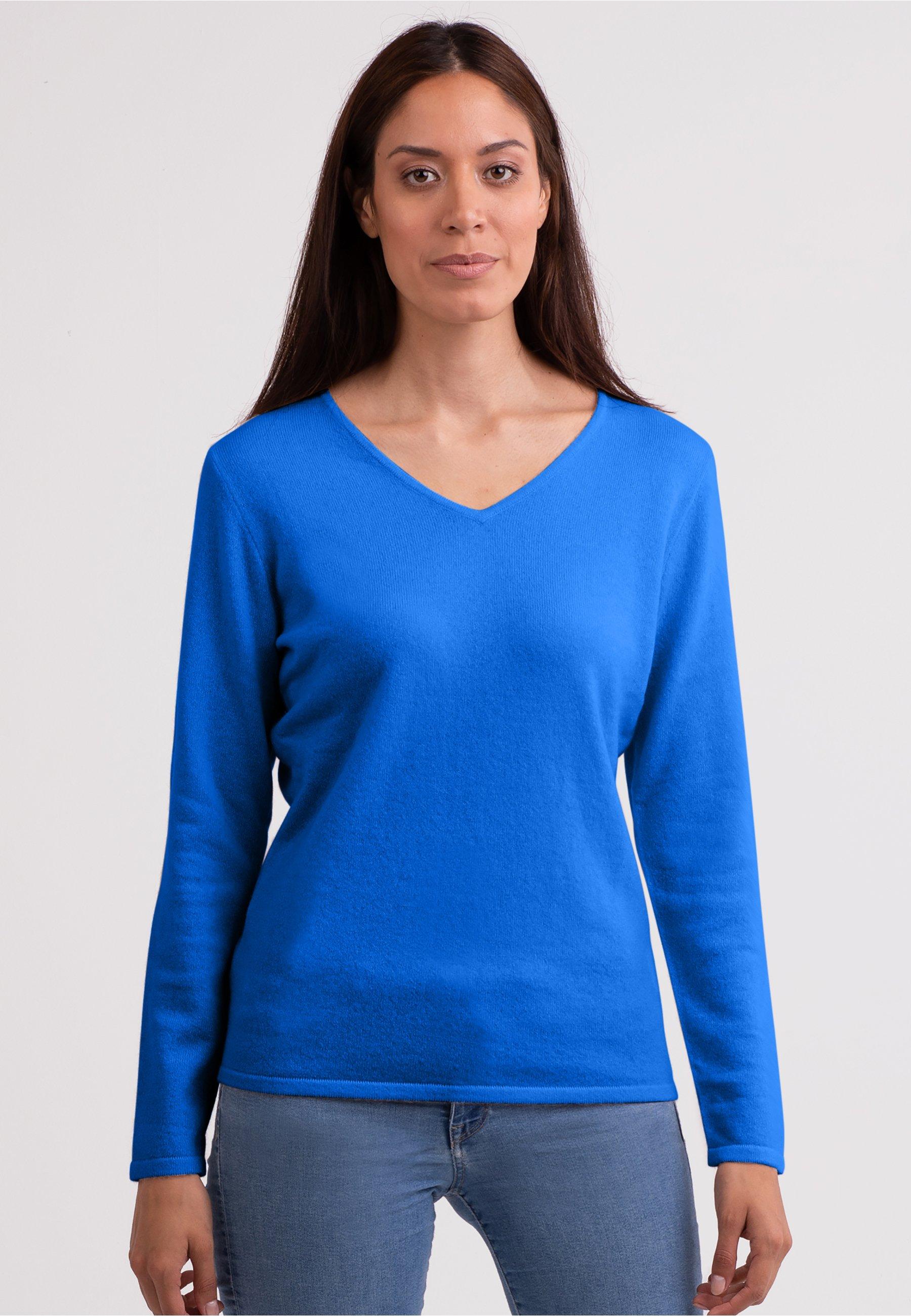 Kaschmir V-ausschnitt Pullover Damen Blau Bunt S von CASH-MERE.CH