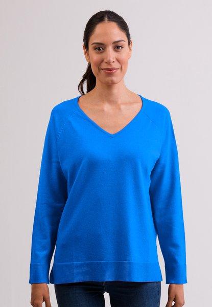 Kaschmir V-ausschnitt Pullover Mit Seitenschlitzen Damen Dazzling Blue XL von CASH-MERE.CH