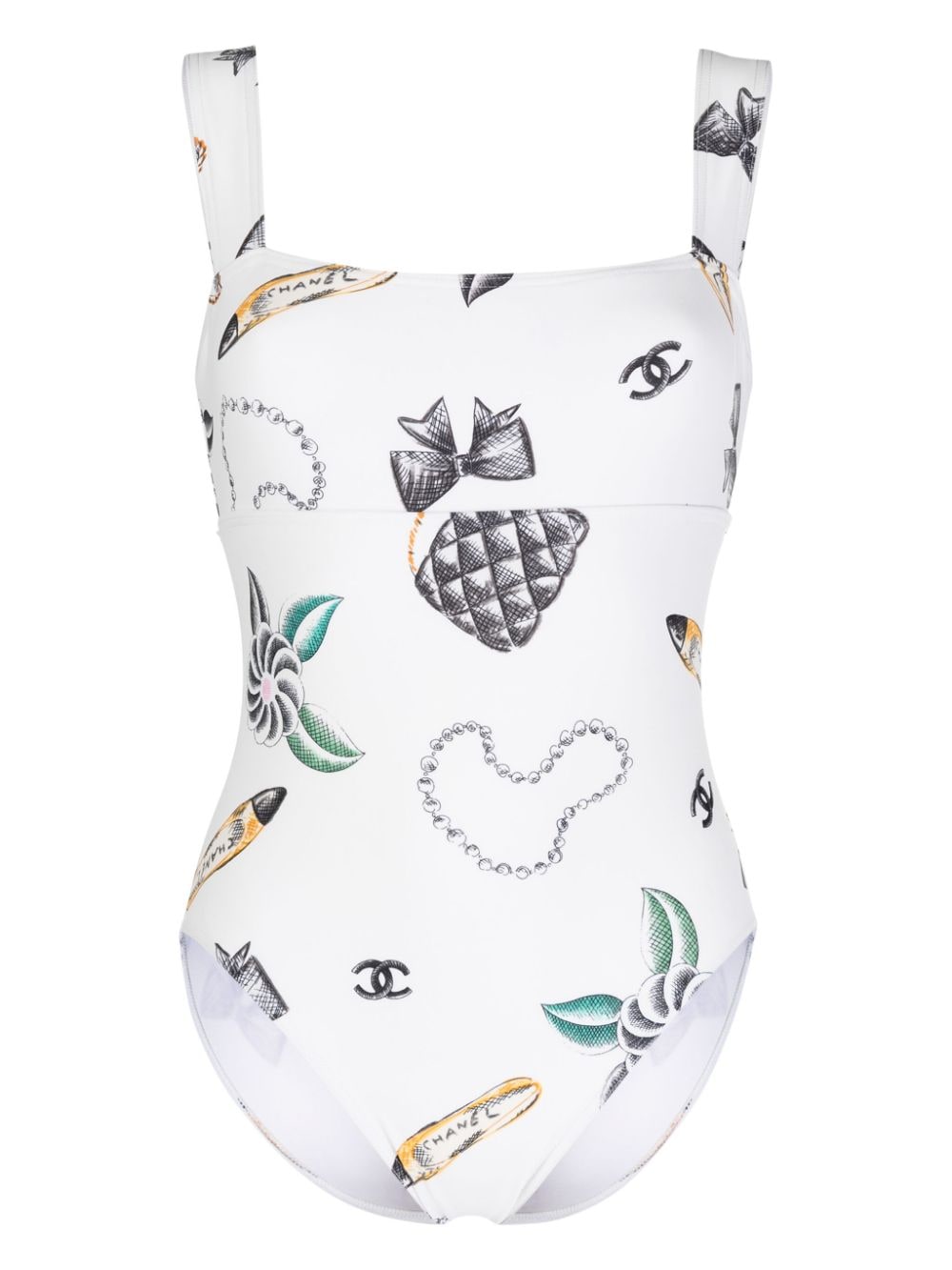 CHANEL Pre-Owned 1990-2000s Icons-print square-neck swimsuit - White von CHANEL Pre-Owned