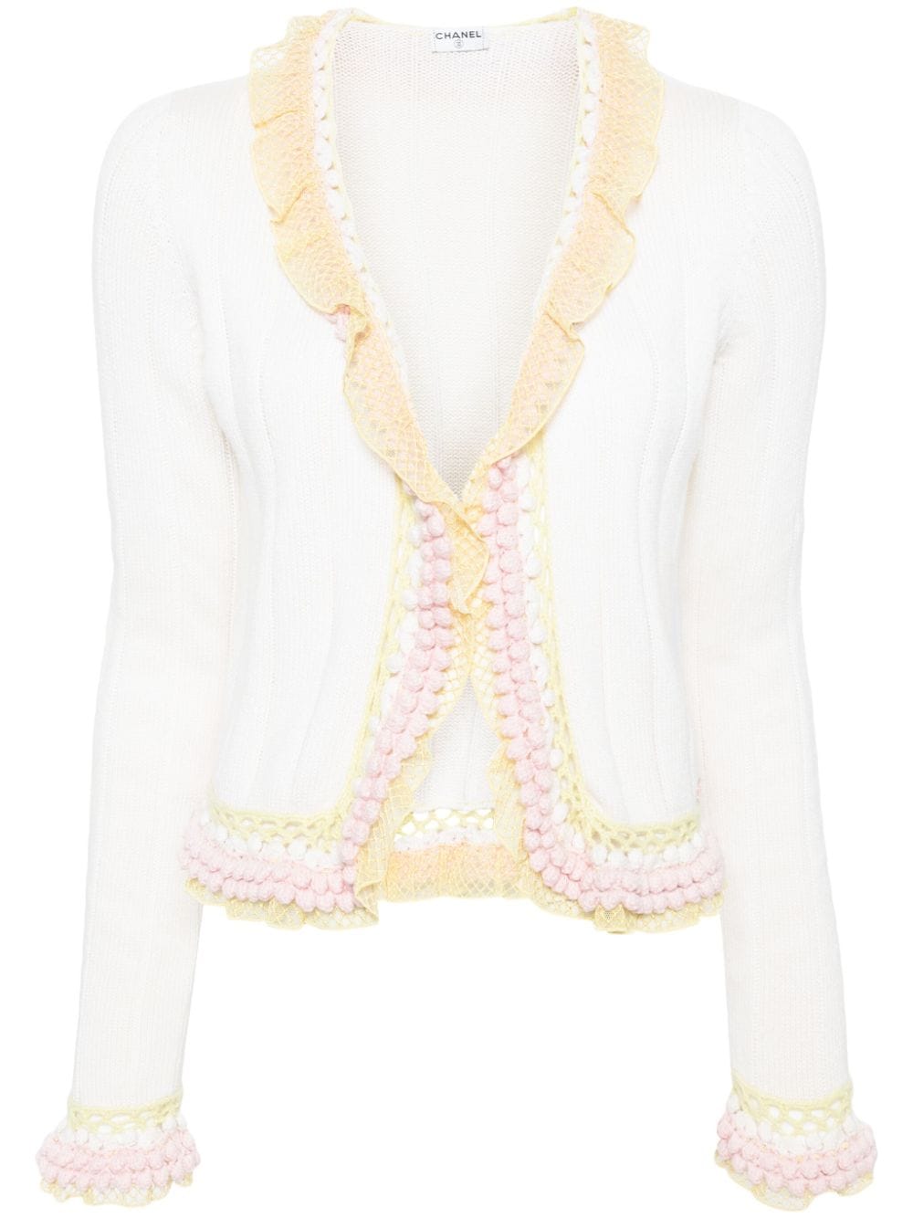 CHANEL Pre-Owned 2000s ruffle-trimmed cashmere cardigan - White von CHANEL Pre-Owned