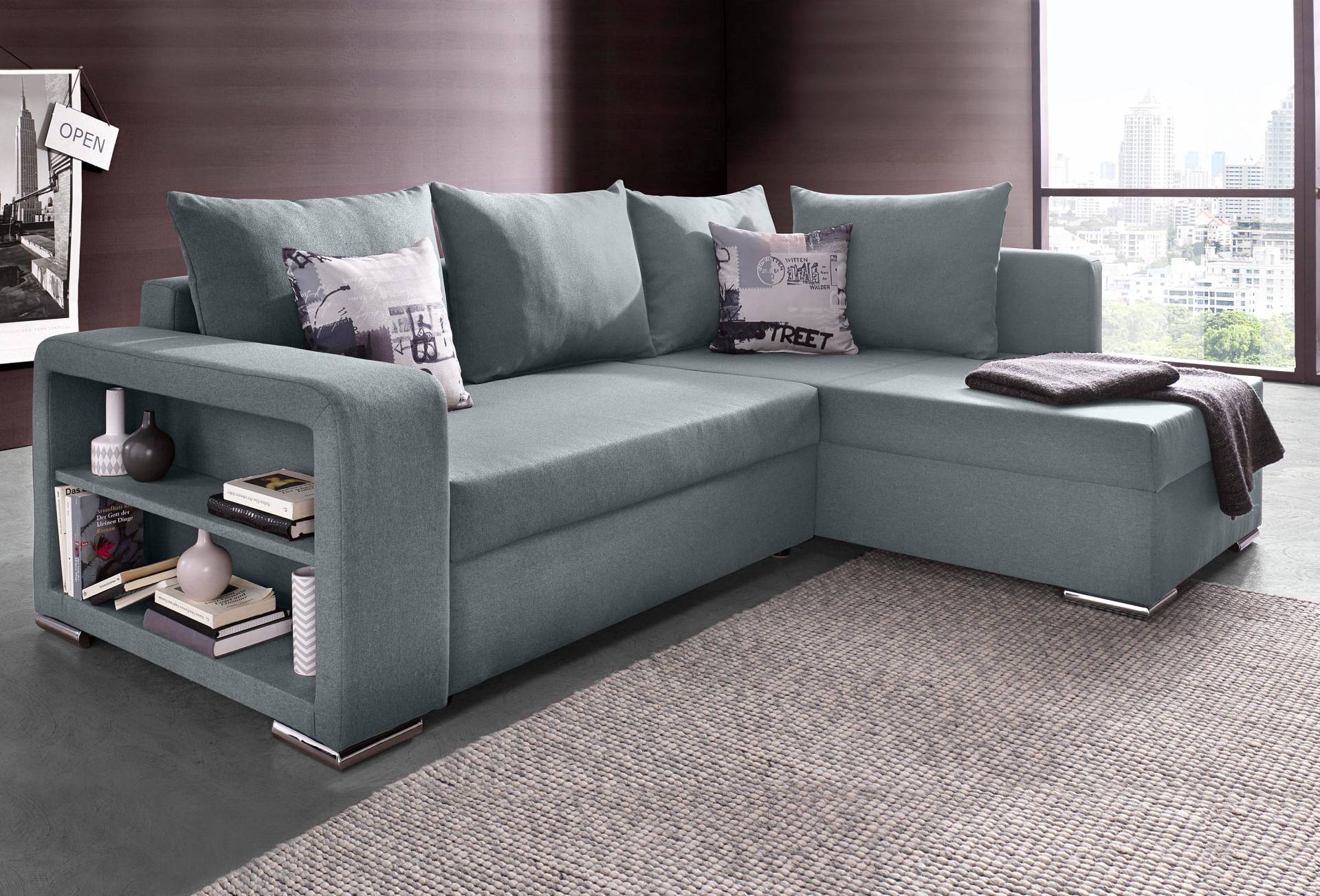 Ecksofa John mit Bettfunktion, Bettkasten und Regalarmteil Ecksofa John mit Bettfunktion, Bettkasten und Regalarmteil von COLLECTION AB