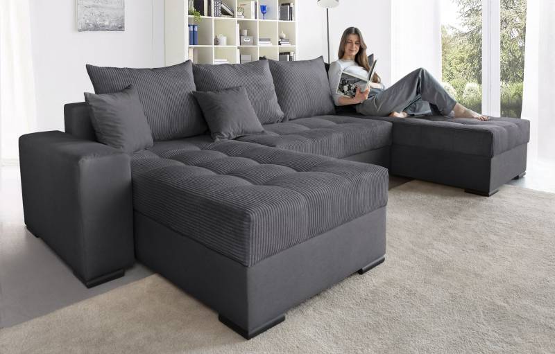 COLLECTION AB Wohnlandschaft »XL-Josy U-Form, Breite 313 cm, Cord-/Mix«, inkl. Bettfunktion, Bettkasten, mit 4 gleich grossen Rückenkissen von COLLECTION AB