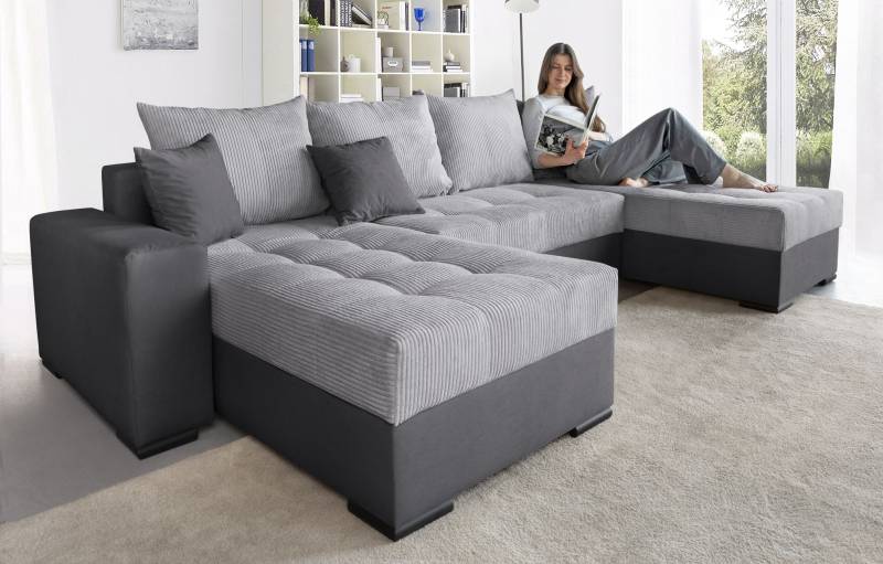 COLLECTION AB Wohnlandschaft »XL-Josy U-Form, Breite 313 cm, Cord-/Mix«, inkl. Bettfunktion, Bettkasten, mit 4 gleich grossen Rückenkissen von COLLECTION AB