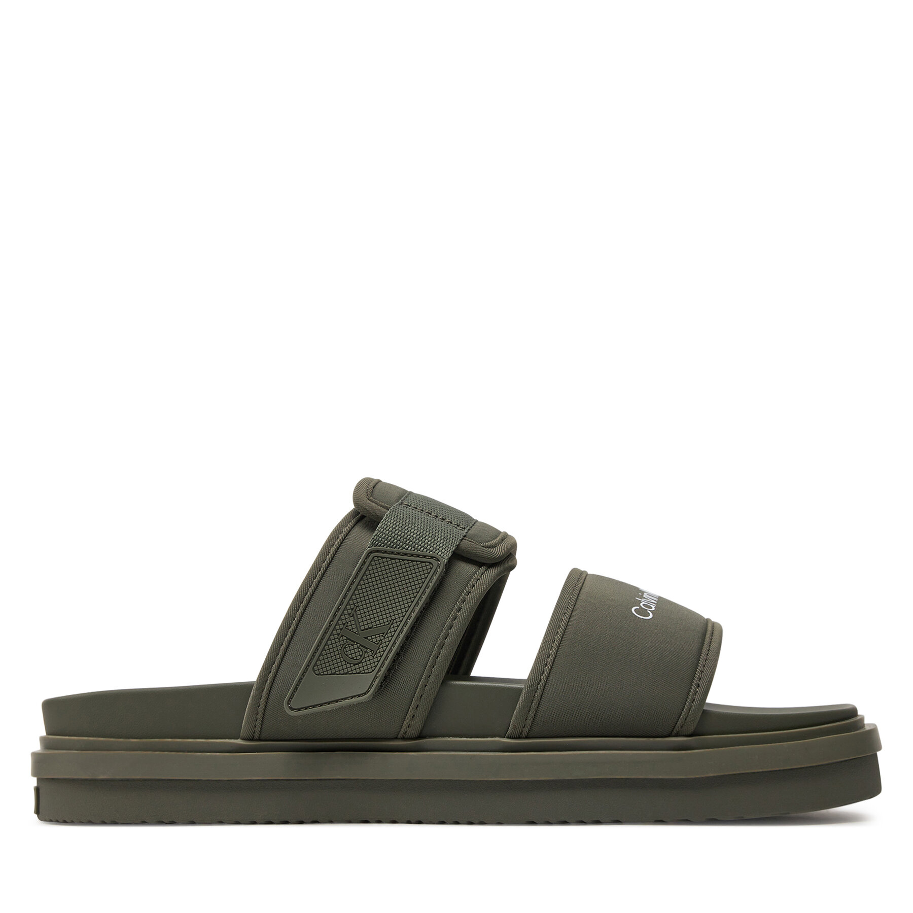 Pantoletten Calvin Klein Jeans Double Bar Sandal Wb In Br YM0YM00946 Dusty Olive/Classic Green 0II von Calvin Klein Jeans