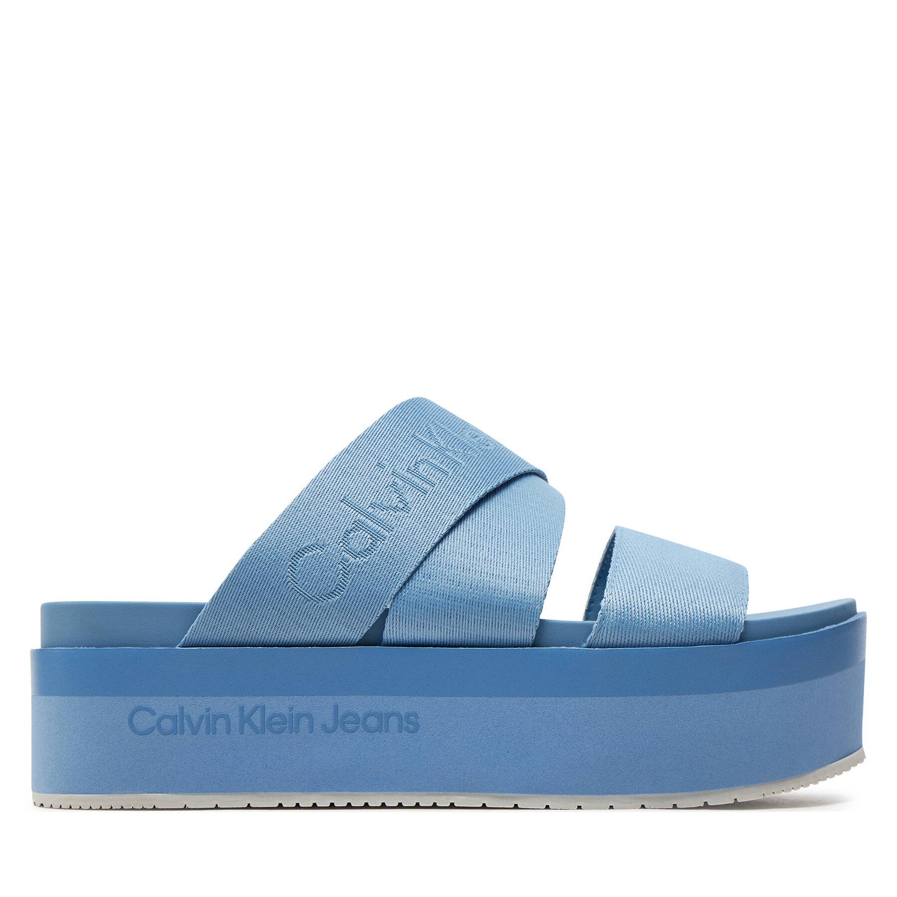 Pantoletten Calvin Klein Jeans Flatform Sandal Webbing In Mr YW0YW01361 Dusk Blue/Mediterranean Blue 0G0 von Calvin Klein Jeans