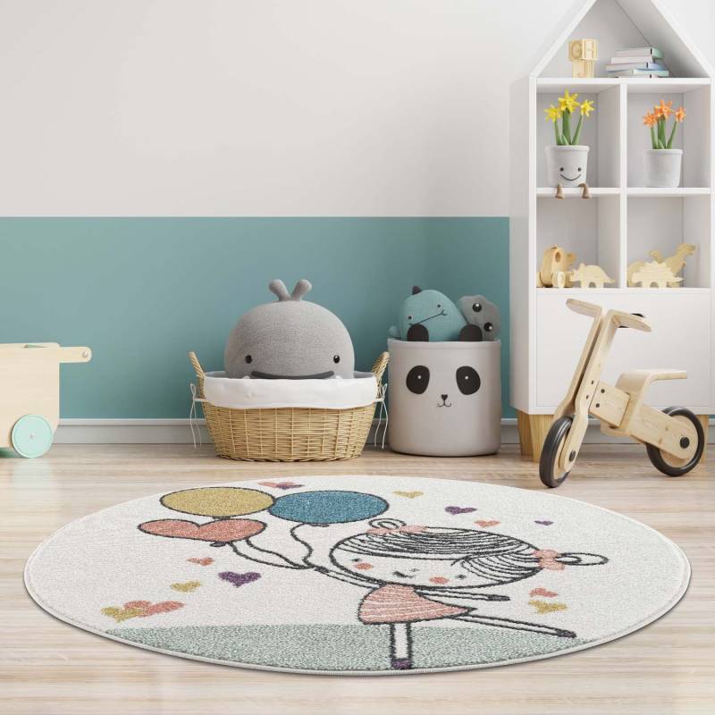 Carpet City Kinderteppich »Anime9393«, rund, 11 mm Höhe, Spielteppich, Mädchen, Herzen, Ballon, Weicher Flor, Pflegeleicht von Carpet City