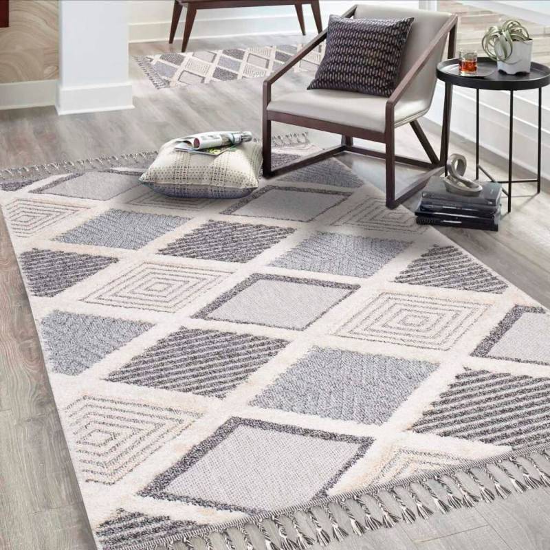 Carpet City Hochflor-Teppich »Valencia 731«, rechteckig, 20 mm Höhe, Läufer, Boho-Stil, 3D-Effekt, Raute, Hoch-Tief-Struktur, mit Fransen von Carpet City