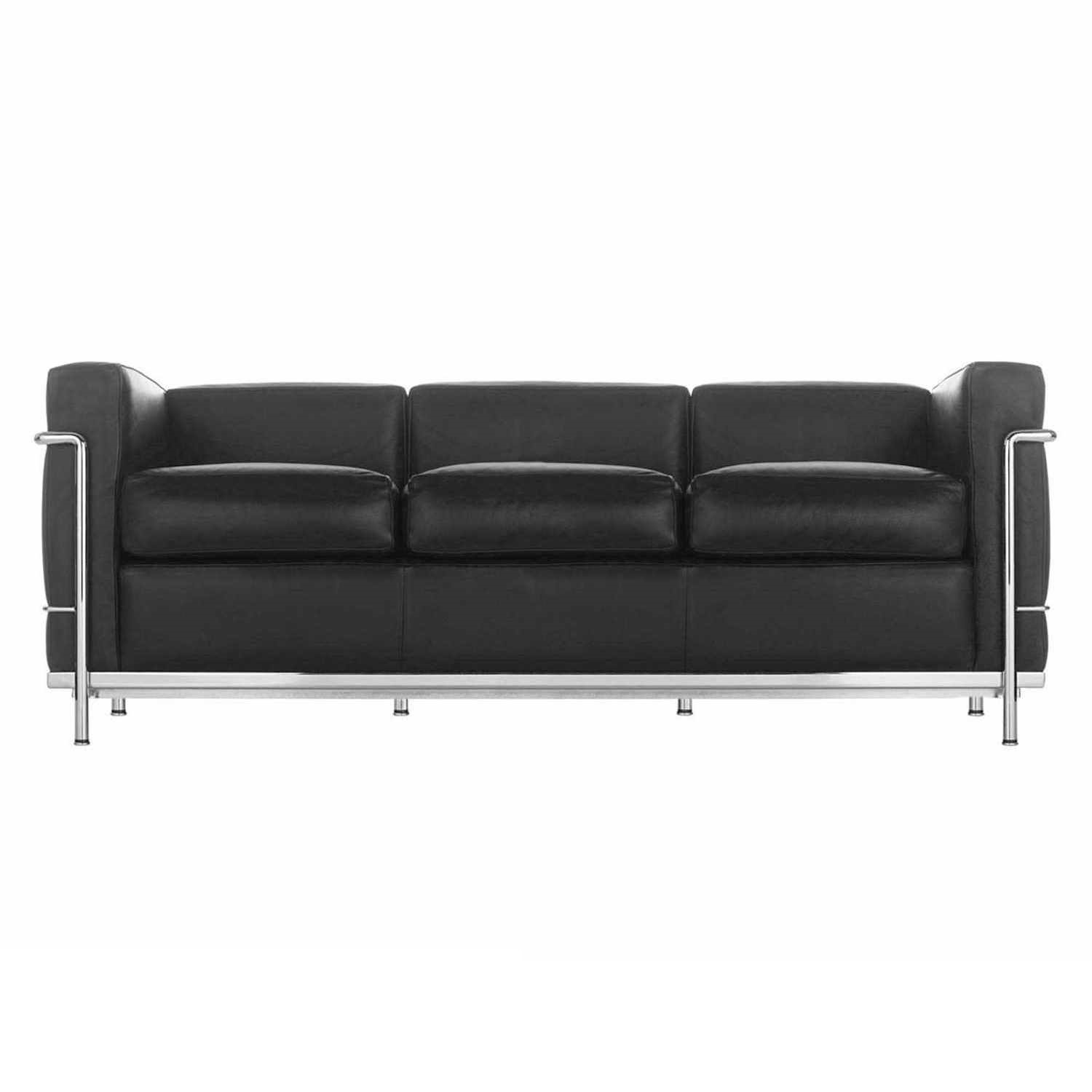 2 Fauteuil Grand Confort Petit Modèle LC2 3er Sofa, Gestell verchromt, Bezug leder lcx schwarz von Cassina