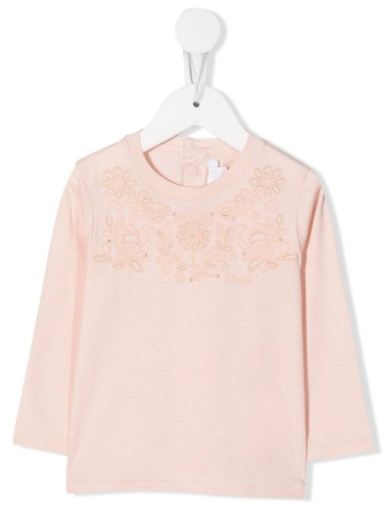 Chloé Kids floral-embroidered cotton T-shirt - Pink von Chloé Kids