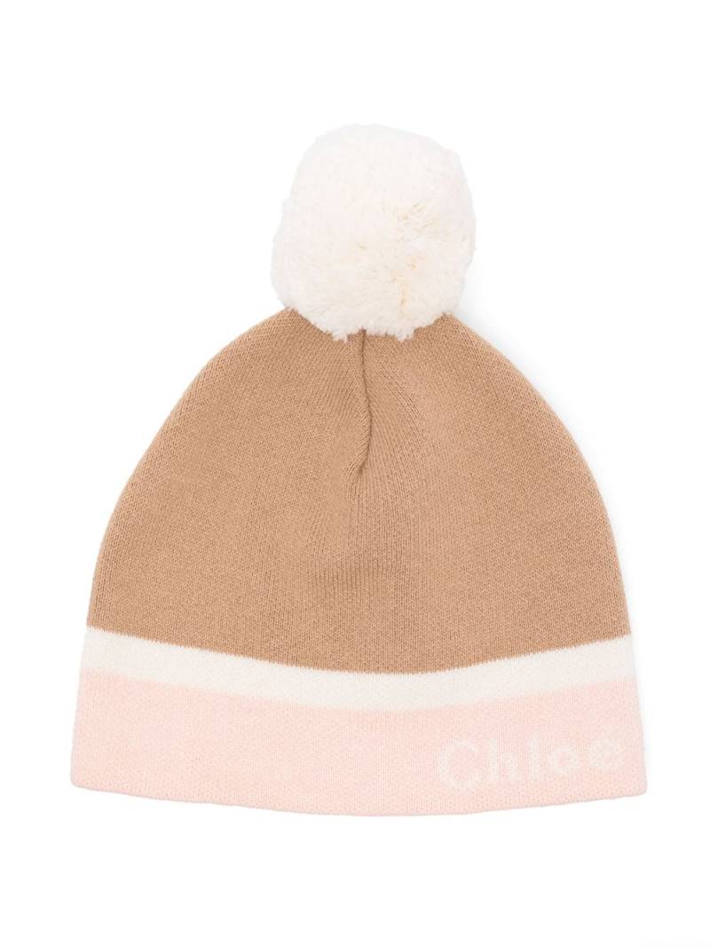 Chloé Kids three-tone pompom beanie - Brown von Chloé Kids