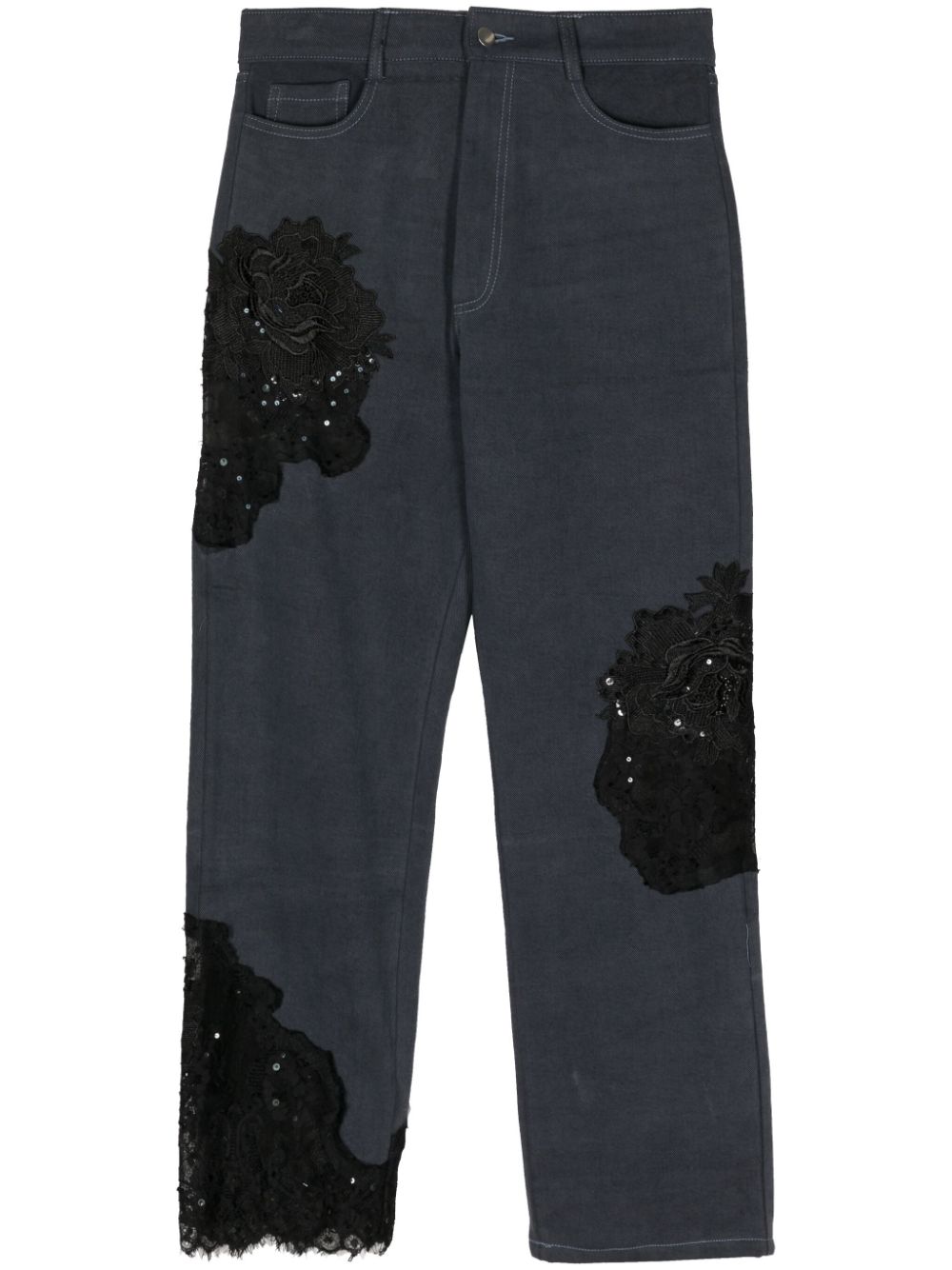 Collina Strada floral-sequin appliqué organic cotton jeans - Blue von Collina Strada