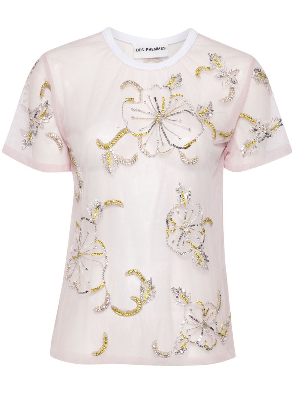DES PHEMMES Hibiscus-embroidered semi-sheer T-shirt - Pink von DES PHEMMES