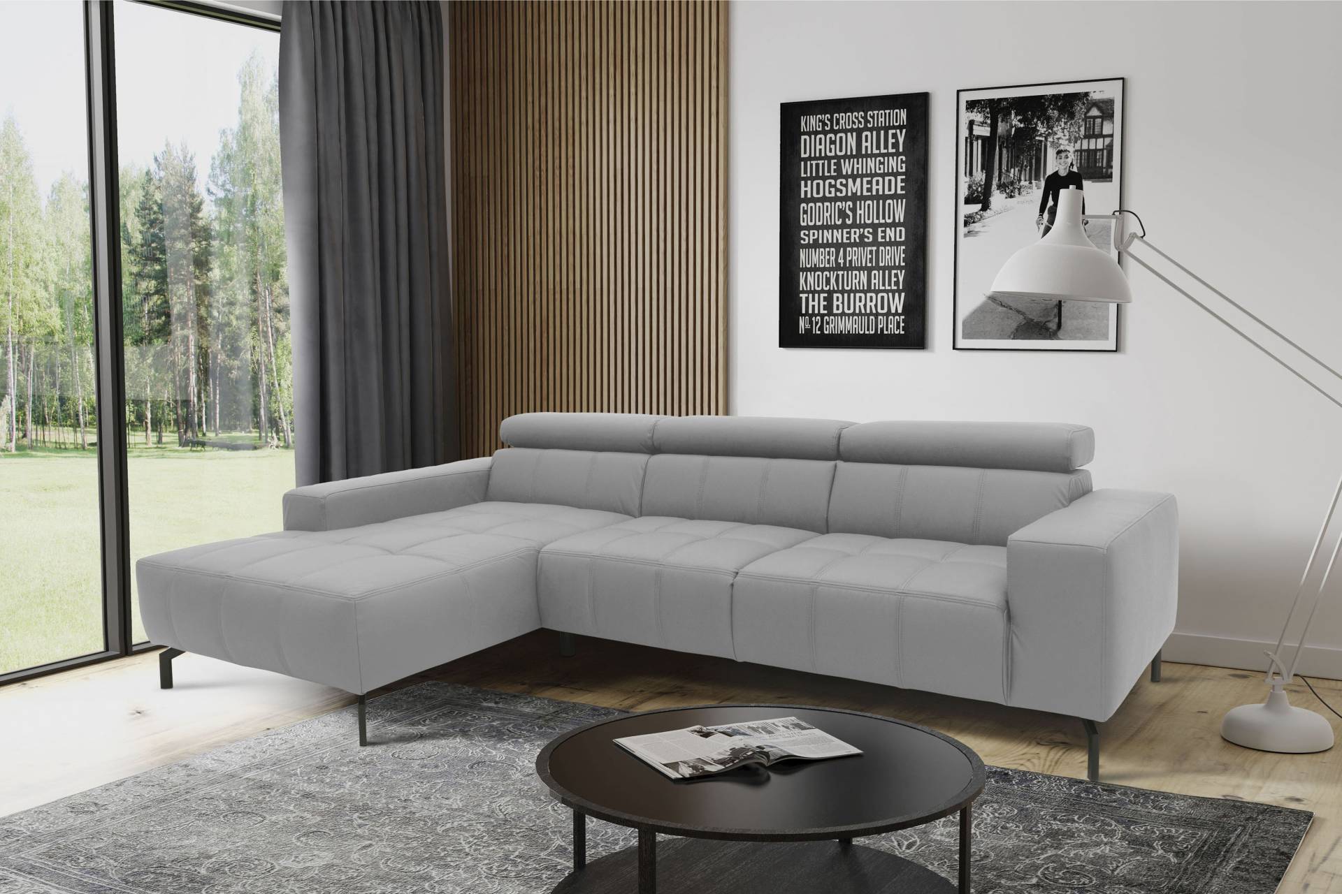 DOMO collection Ecksofa »Cunelli tolle Sitznähte als Designelement, fester Sitzkomfort, L-Form«, wahlweise mit 6-fach verstellbarer Kopfteilverstellung, bodenfrei von DOMO collection