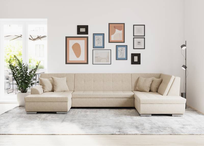 DOMO collection Wohnlandschaft »Treviso incl. Zierkissen, moderne Steppung, XXL: B/T/H: 364/201/83 cm«, wahlweise mit Bettfunktion, in vielen Bezugsarten auch in Cord U-Form von DOMO collection