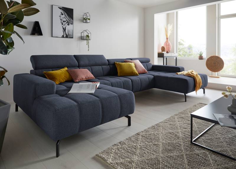DOMO collection Wohnlandschaft »Cunelli tolle Sitznähte als Designelement, fester Sitzkomfort, U-Form«, wahlweise mit Kopfteilverstellung, bodenfrei von DOMO collection