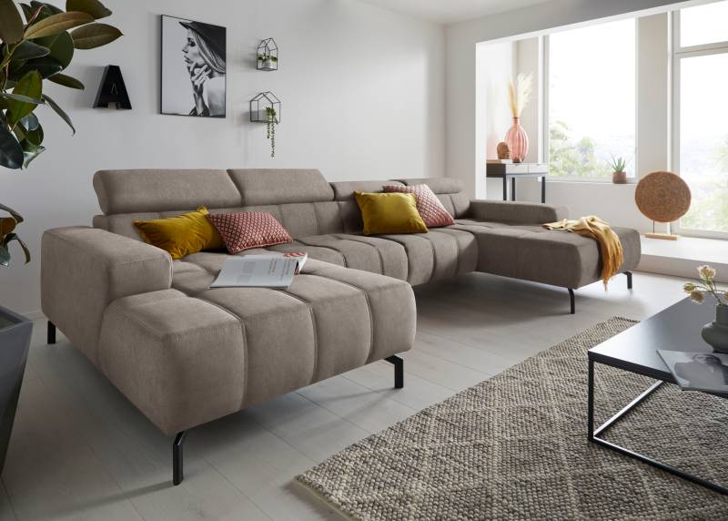DOMO collection Wohnlandschaft »Cunelli tolle Sitznähte als Designelement, fester Sitzkomfort, U-Form«, wahlweise mit Kopfteilverstellung, bodenfrei von DOMO collection